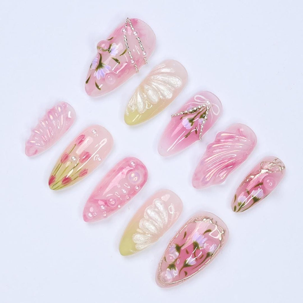 Dreamy Pink Almond Press On Nails with 3D Flower Art, Silver Details And Bow, Handmade Almond Nails Perfect For Spring, Birthday & Gifting