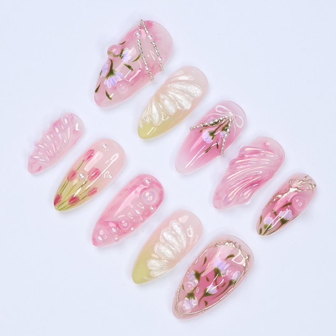 Dreamy Pink Almond Press On Nails with 3D Flower Art, Silver Details And Bow, Handmade Almond Nails Perfect For Spring, Birthday & Gifting
