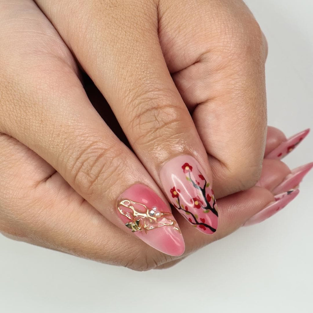 Hand-Painted Sakura Medium Almond Press On Nails with Floral Branches & Gold Details, Perfect for Spring, Birthday Gift for her