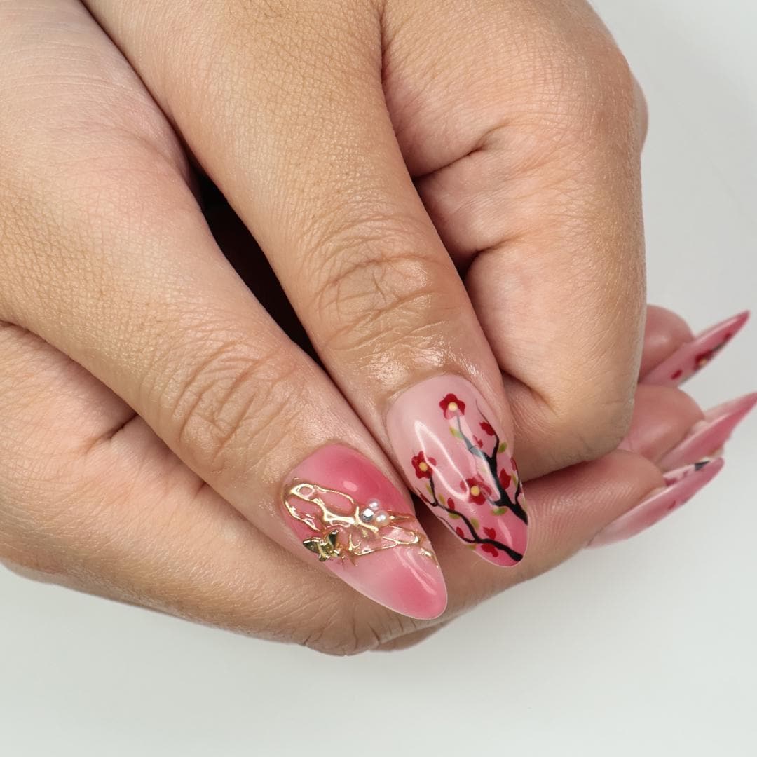 Hand-Painted Sakura Medium Almond Press On Nails with Floral Branches & Gold Details, Perfect for Spring, Birthday Gift for her