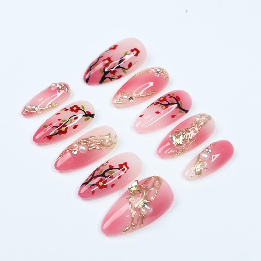Hand-Painted Sakura Medium Almond Press On Nails with Floral Branches & Gold Details, Perfect for Spring, Birthday Gift for her
