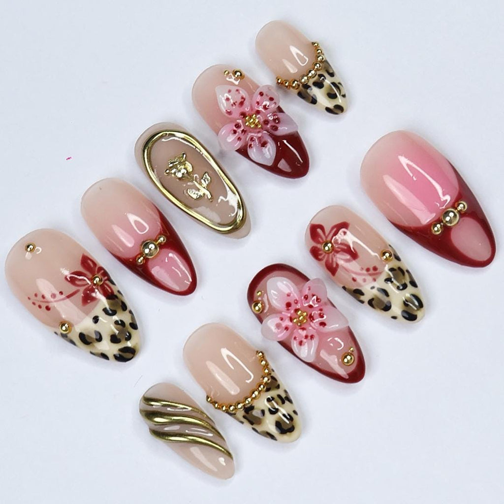Vacation Press On Nails with Leopard Print and 3D Flowers, Red and Gold Long Fake Nails for Beach Holiday or Tropical Summer Look
