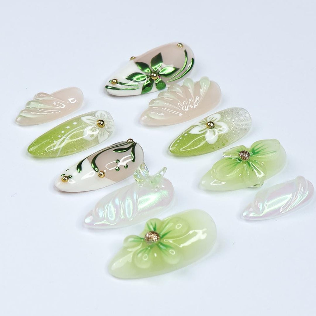 Spring Green Press On Nails with 3D Floral, Butterfly, Medium Almond Nails For A Fresh & Elegant Look, Perfect For Vacation Or Gift For Her