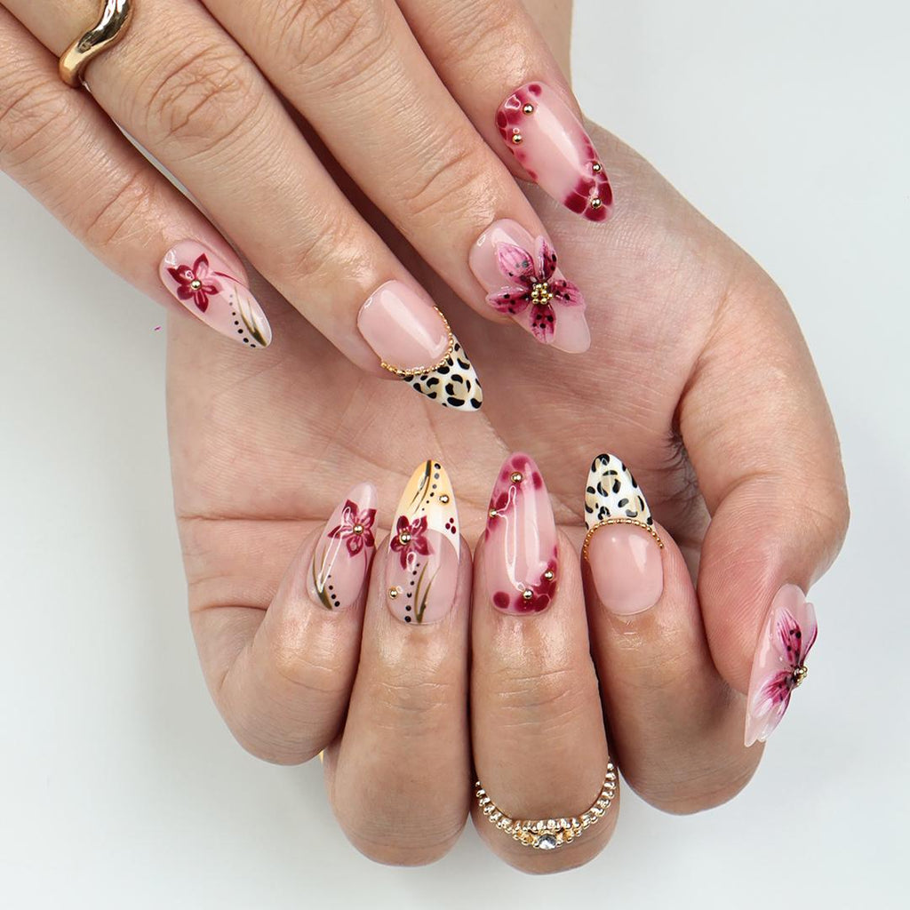 Spring 3D Sakura Press On Nails with Leopard French Tip | Handmade Pink Floral Nails in Medium Almond | Holiday, Vacation, Birthday Nail Set