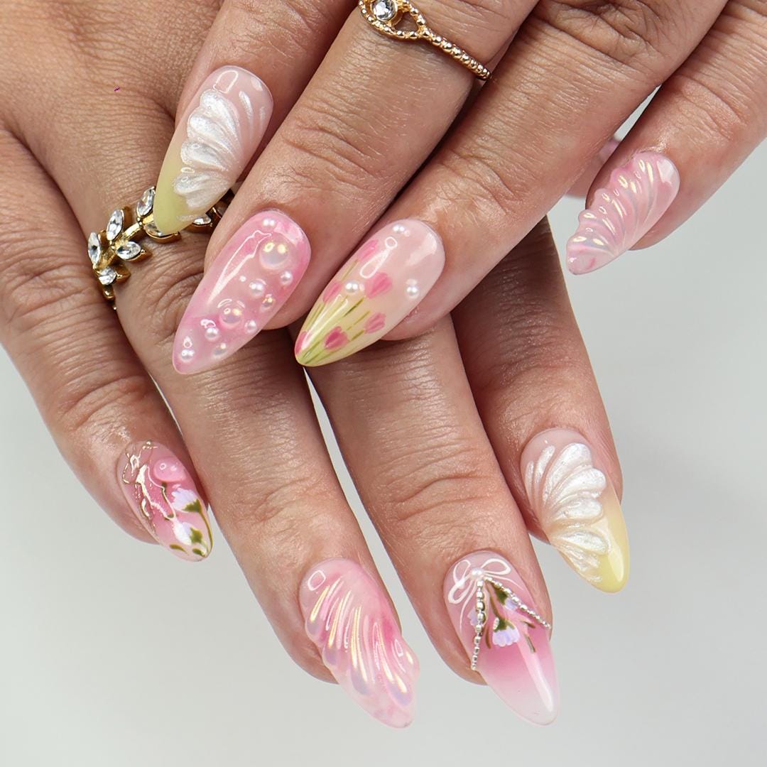 Dreamy Pink Almond Press On Nails with 3D Flower Art, Silver Details And Bow, Handmade Almond Nails Perfect For Spring, Birthday & Gifting