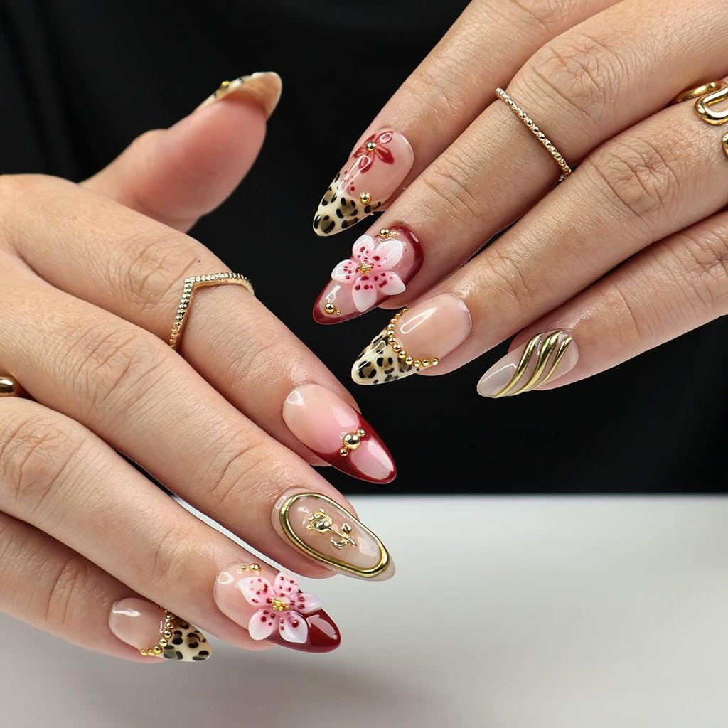 Vacation Press On Nails with Leopard Print and 3D Flowers, Red and Gold Long Fake Nails for Beach Holiday or Tropical Summer Look