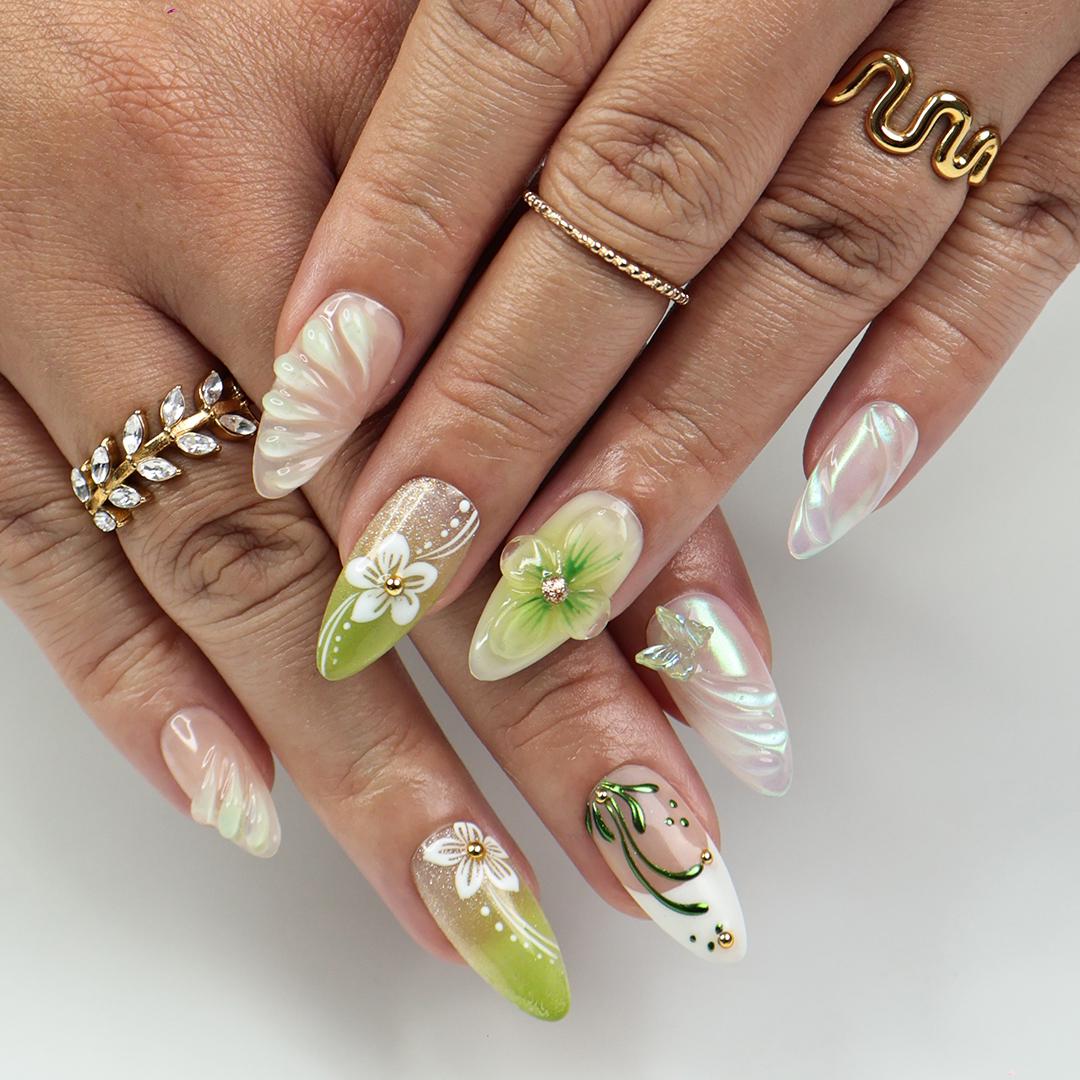 Spring Green Press On Nails with 3D Floral, Butterfly, Medium Almond Nails For A Fresh & Elegant Look, Perfect For Vacation Or Gift For Her