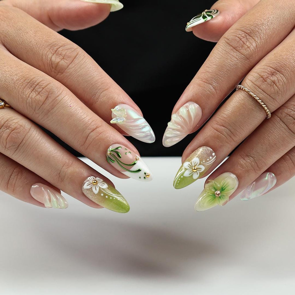 Spring Green Press On Nails with 3D Floral, Butterfly, Medium Almond Nails For A Fresh & Elegant Look, Perfect For Vacation Or Gift For Her