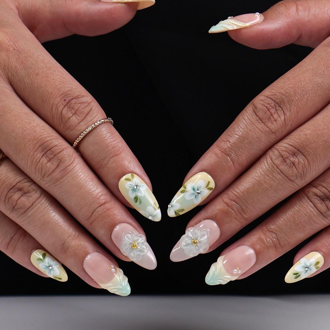 Pastel Floral Press On Nails with 3D White Flowers, Pearls, Yellow & Green Almond Nails, Perfect for Birthday, Vacation Or Gift For Her