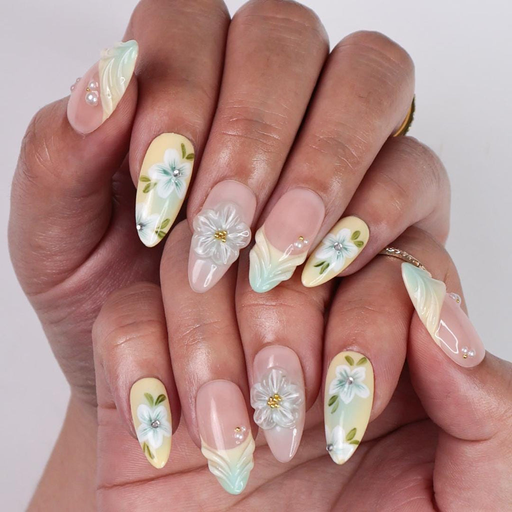 Pastel Floral Press On Nails with 3D White Flowers, Pearls, Yellow & Green Almond Nails, Perfect for Birthday, Vacation Or Gift For Her