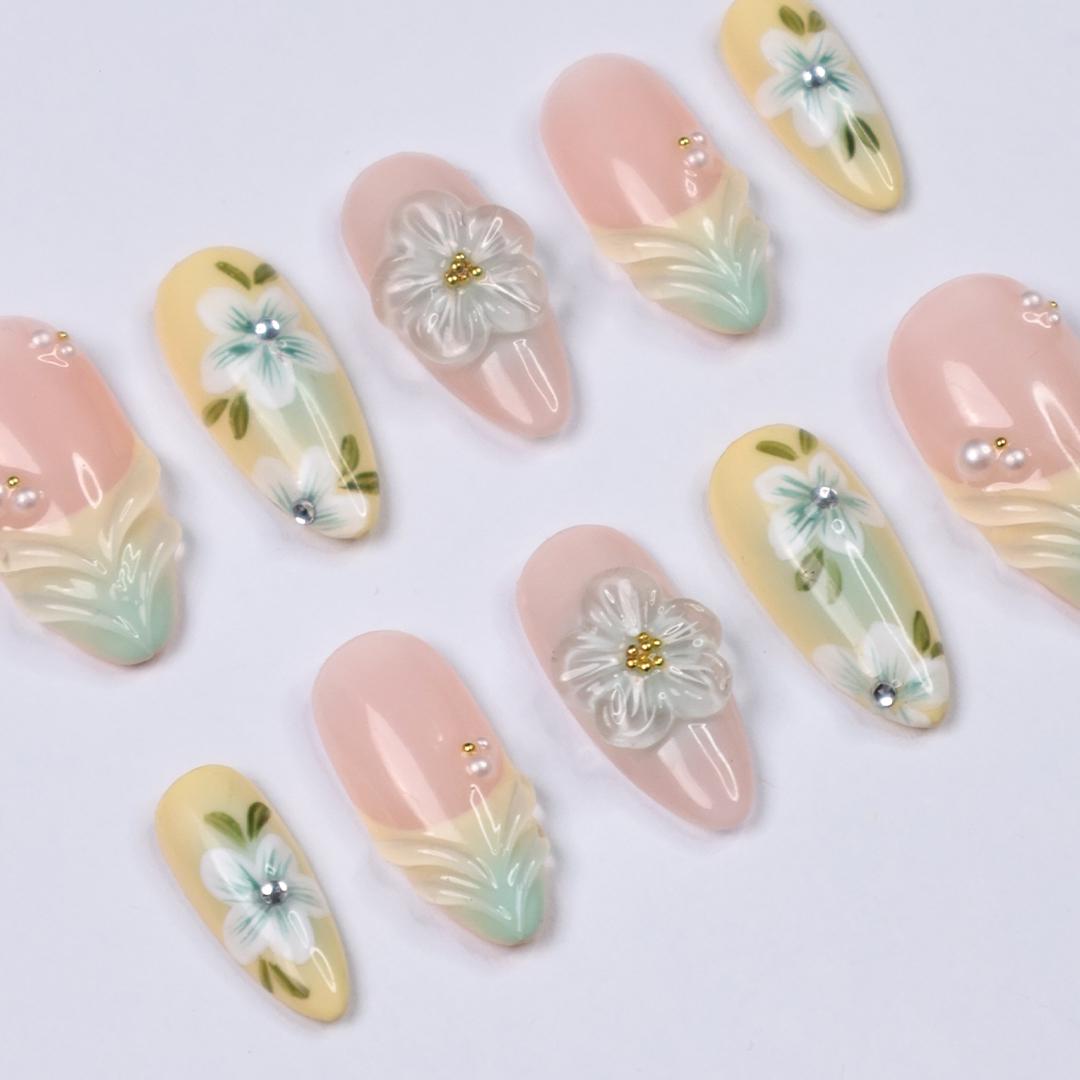 Pastel Floral Press On Nails with 3D White Flowers, Pearls, Yellow & Green Almond Nails, Perfect for Birthday, Vacation Or Gift For Her