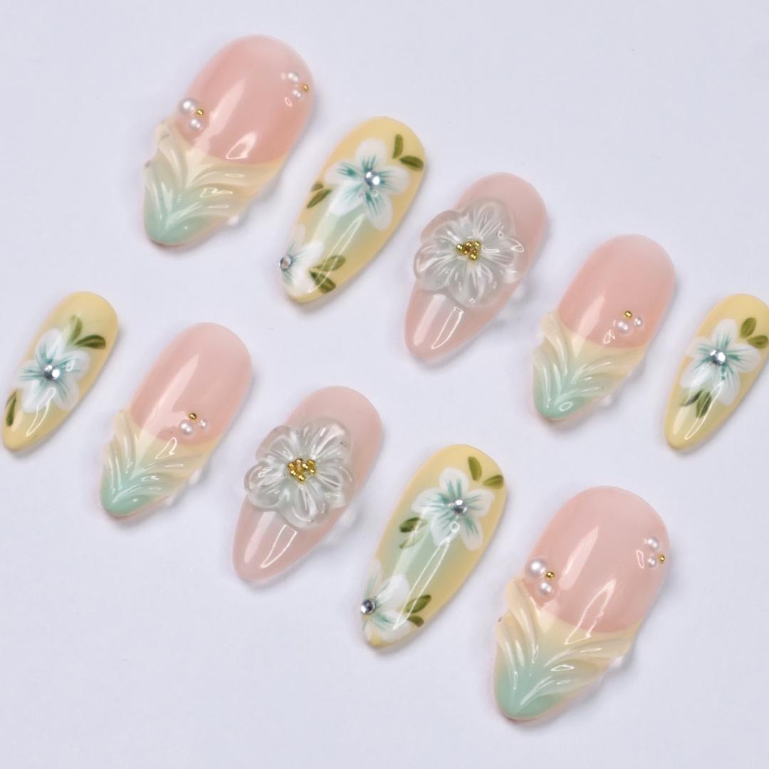 Pastel Floral Press On Nails with 3D White Flowers, Pearls, Yellow & Green Almond Nails, Perfect for Birthday, Vacation Or Gift For Her