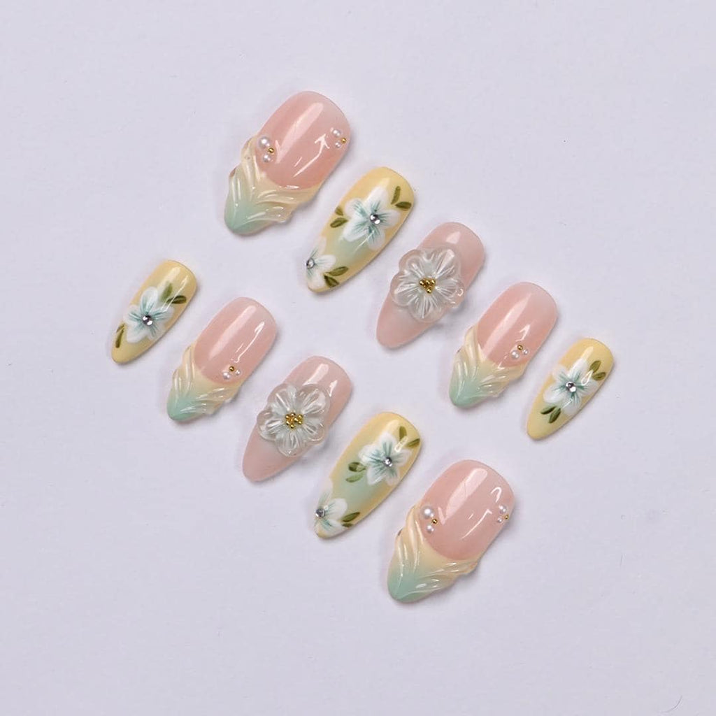 Pastel Floral Press On Nails with 3D White Flowers, Pearls, Yellow & Green Almond Nails, Perfect for Birthday, Vacation Or Gift For Her