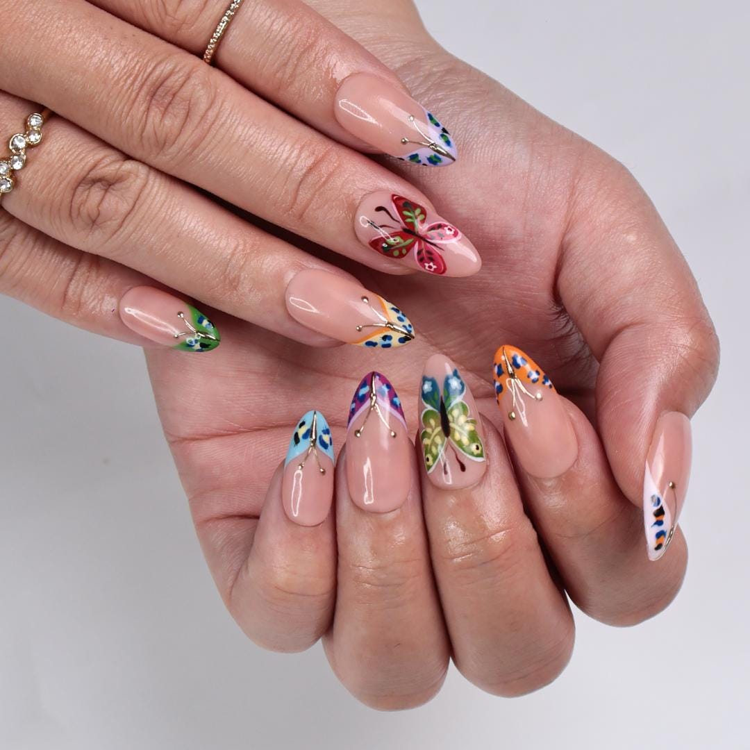 Butterfly Press On Nails, Medium Almond with Colorful Wings, Gold Accents & Nude Base, Perfect for Spring Manicure, Birthday or Gift for Her