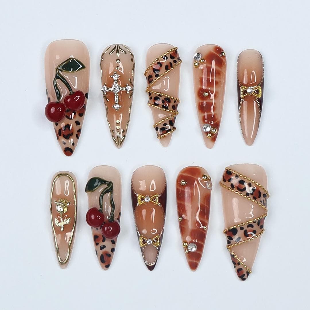 Leopard Luxe Almond PressOn Nail with Gold Details and 3D Cherry Gel, Handmade Statement Nail for a Fierce & Glamorous Look or Gift for Her