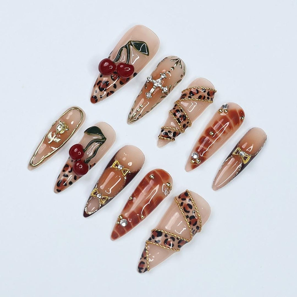 Leopard Luxe Almond PressOn Nail with Gold Details and 3D Cherry Gel, Handmade Statement Nail for a Fierce & Glamorous Look or Gift for Her