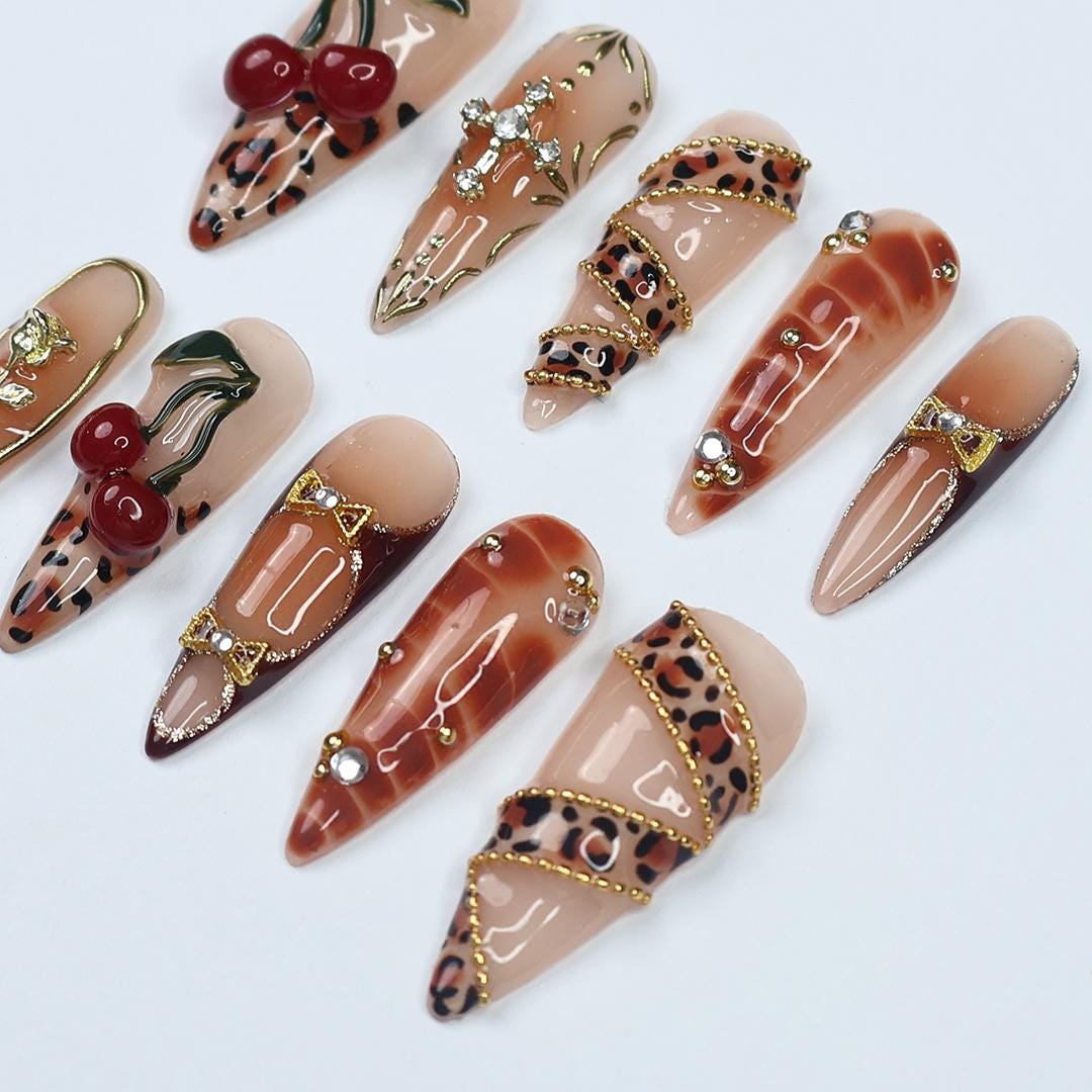 Leopard Luxe Almond PressOn Nail with Gold Details and 3D Cherry Gel, Handmade Statement Nail for a Fierce & Glamorous Look or Gift for Her