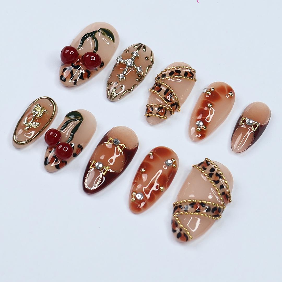 Leopard Luxe Almond PressOn Nail with Gold Details and 3D Cherry Gel, Handmade Statement Nail for a Fierce & Glamorous Look or Gift for Her
