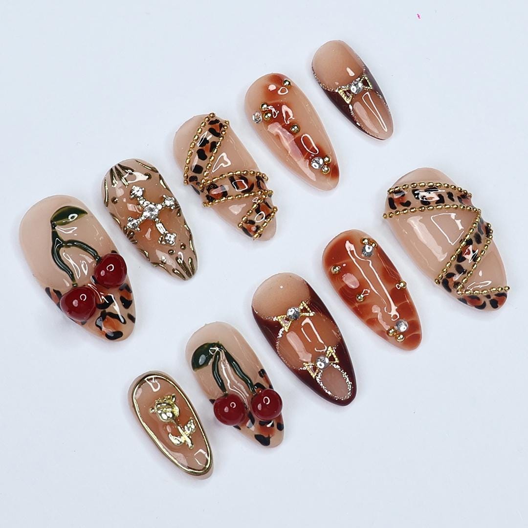 Leopard Luxe Almond PressOn Nail with Gold Details and 3D Cherry Gel, Handmade Statement Nail for a Fierce & Glamorous Look or Gift for Her