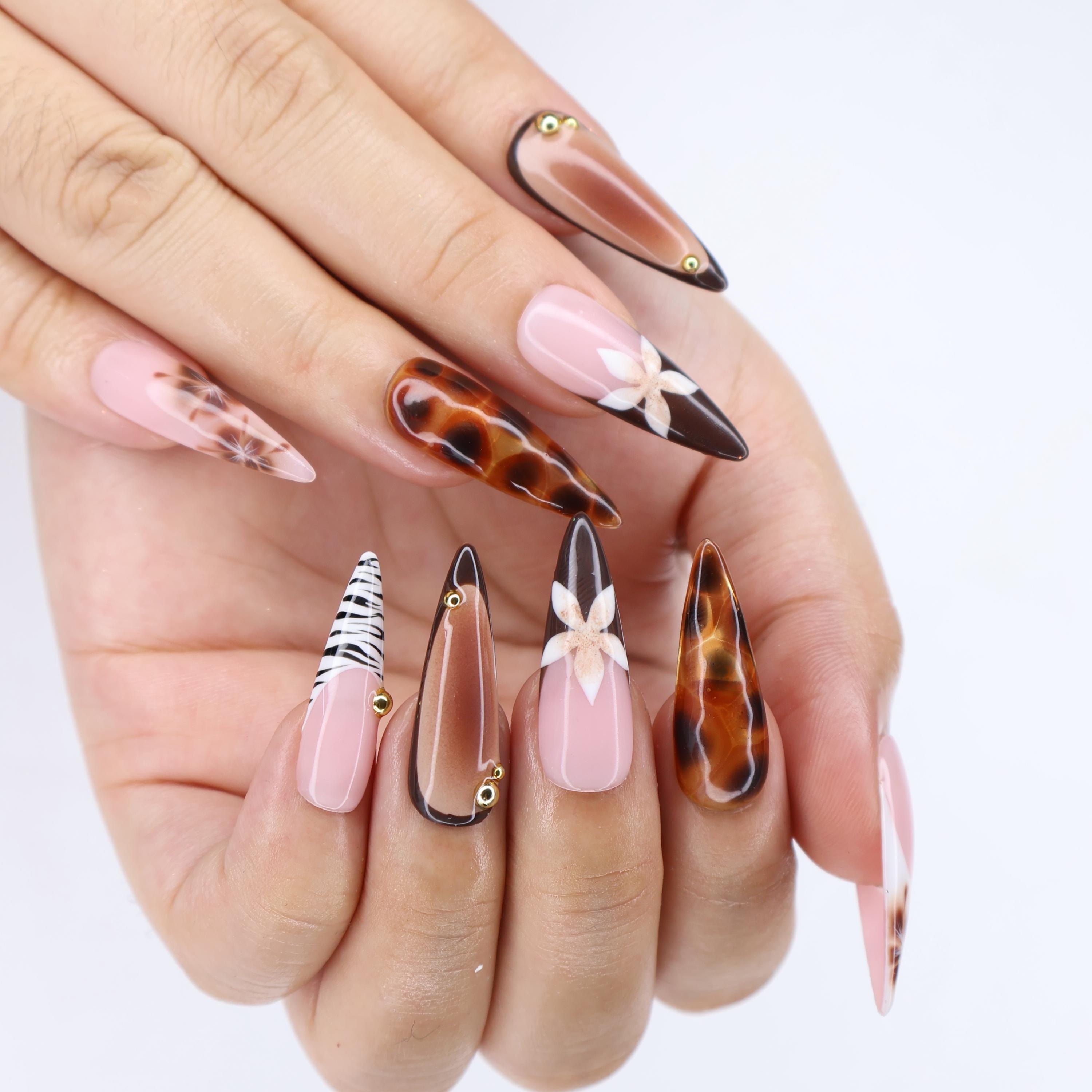Tortoise Shell & Zebra Print Press-On Nails with Gold Accents, Handmade Fall Almond Nails for a Bold and Elegant Look or Gift for Her