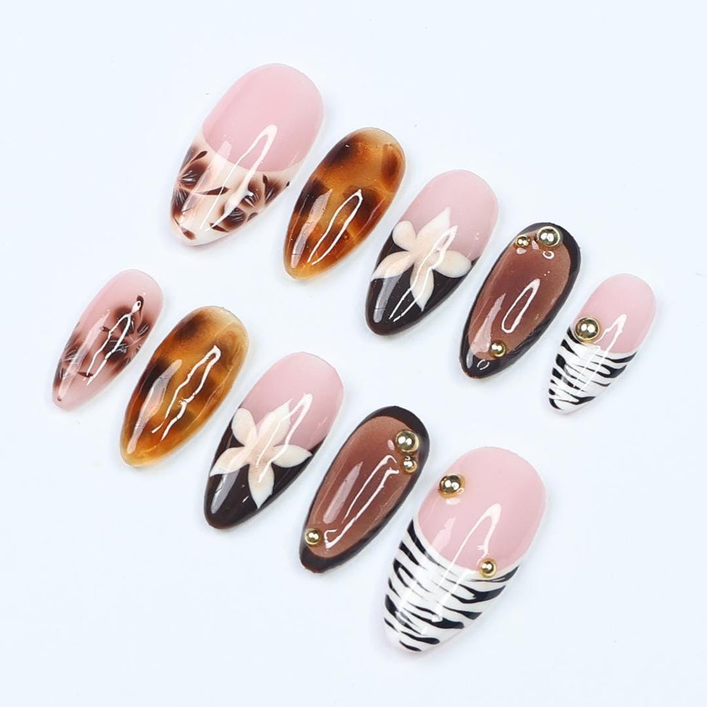 Tortoise Shell & Zebra Print Press-On Nails with Gold Accents, Handmade Fall Almond Nails for a Bold and Elegant Look or Gift for Her