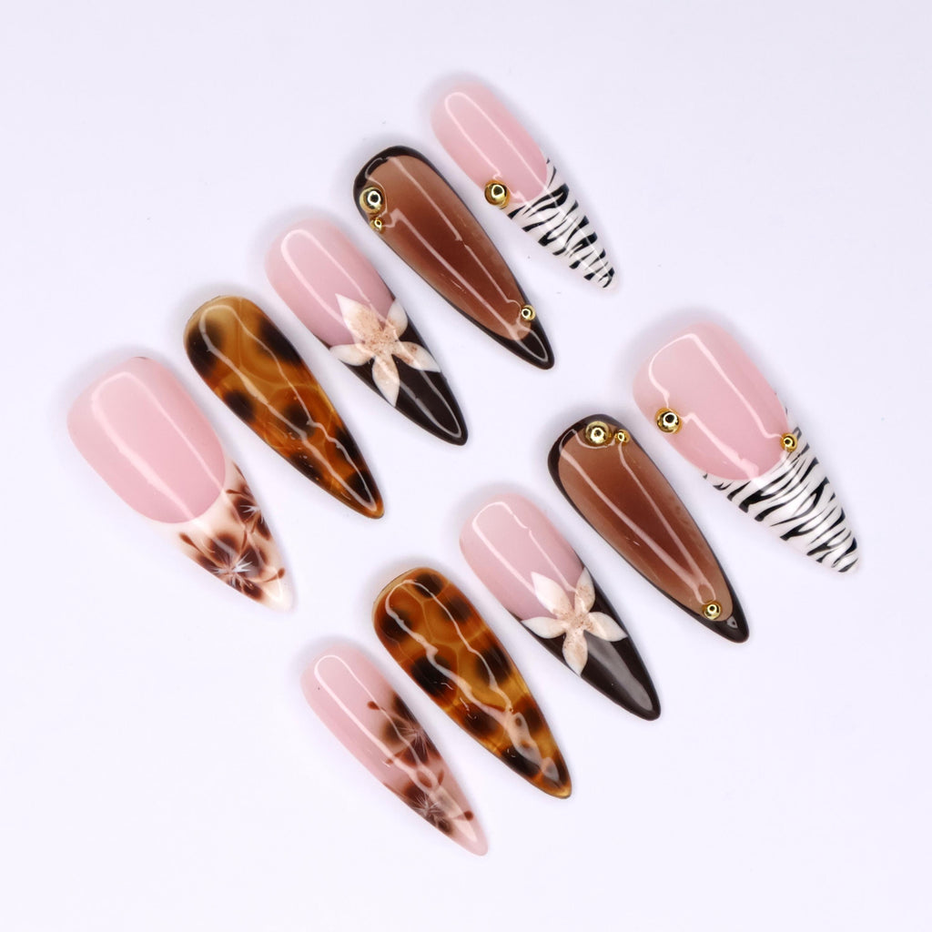 Tortoise Shell & Zebra Print Press-On Nails with Gold Accents, Handmade Fall Almond Nails for a Bold and Elegant Look or Gift for Her