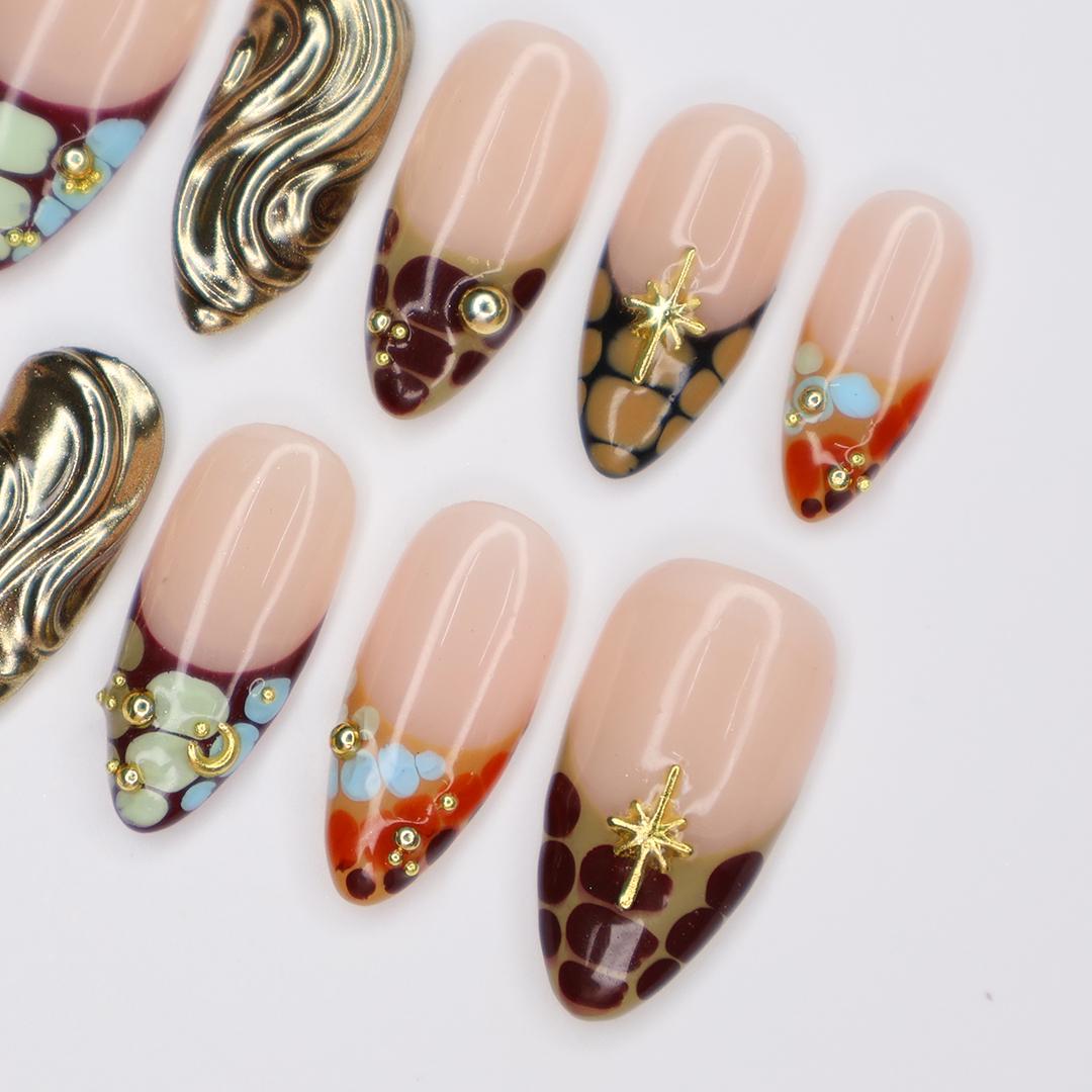 Elegant Animal Print Almond Press On Nails, Gold Accents, 3D Floral Touch, Handmade for Events, Holidays or perfect Gifts for her