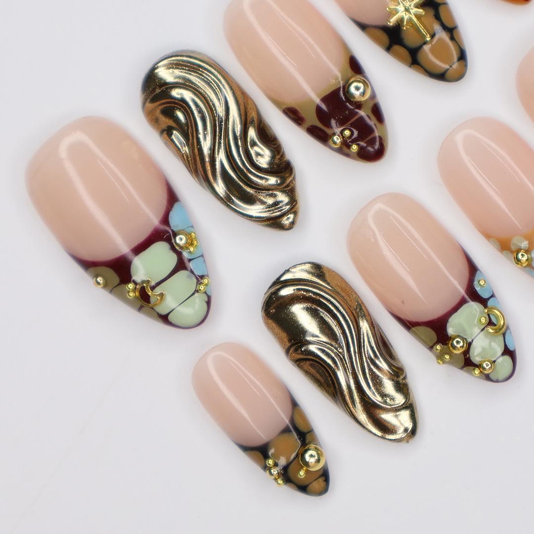Elegant Animal Print Almond Press On Nails, Gold Accents, 3D Floral Touch, Handmade for Events, Holidays or perfect Gifts for her