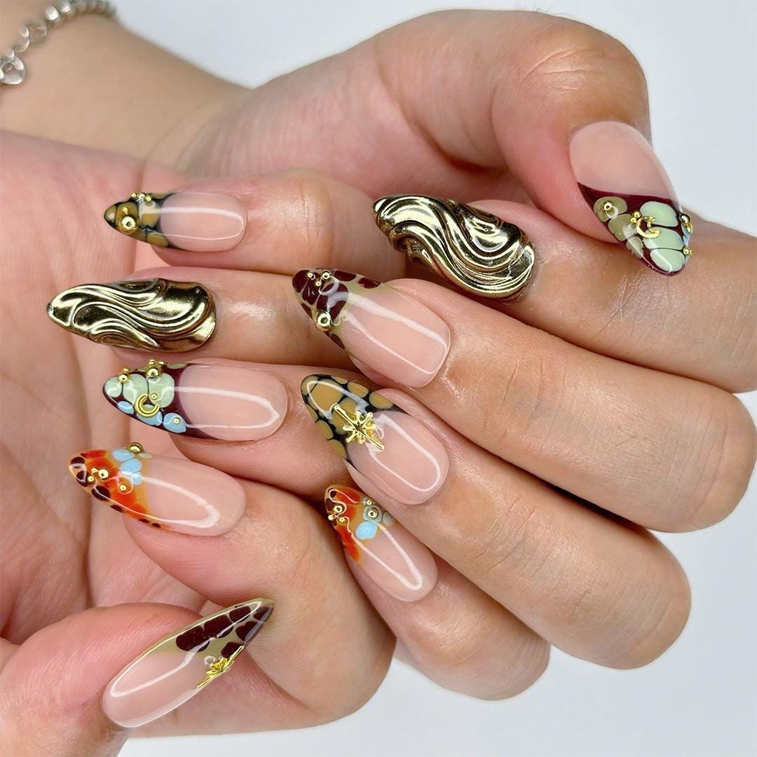 Elegant Animal Print Almond Press On Nails, Gold Accents, 3D Floral Touch, Handmade for Events, Holidays or perfect Gifts for her