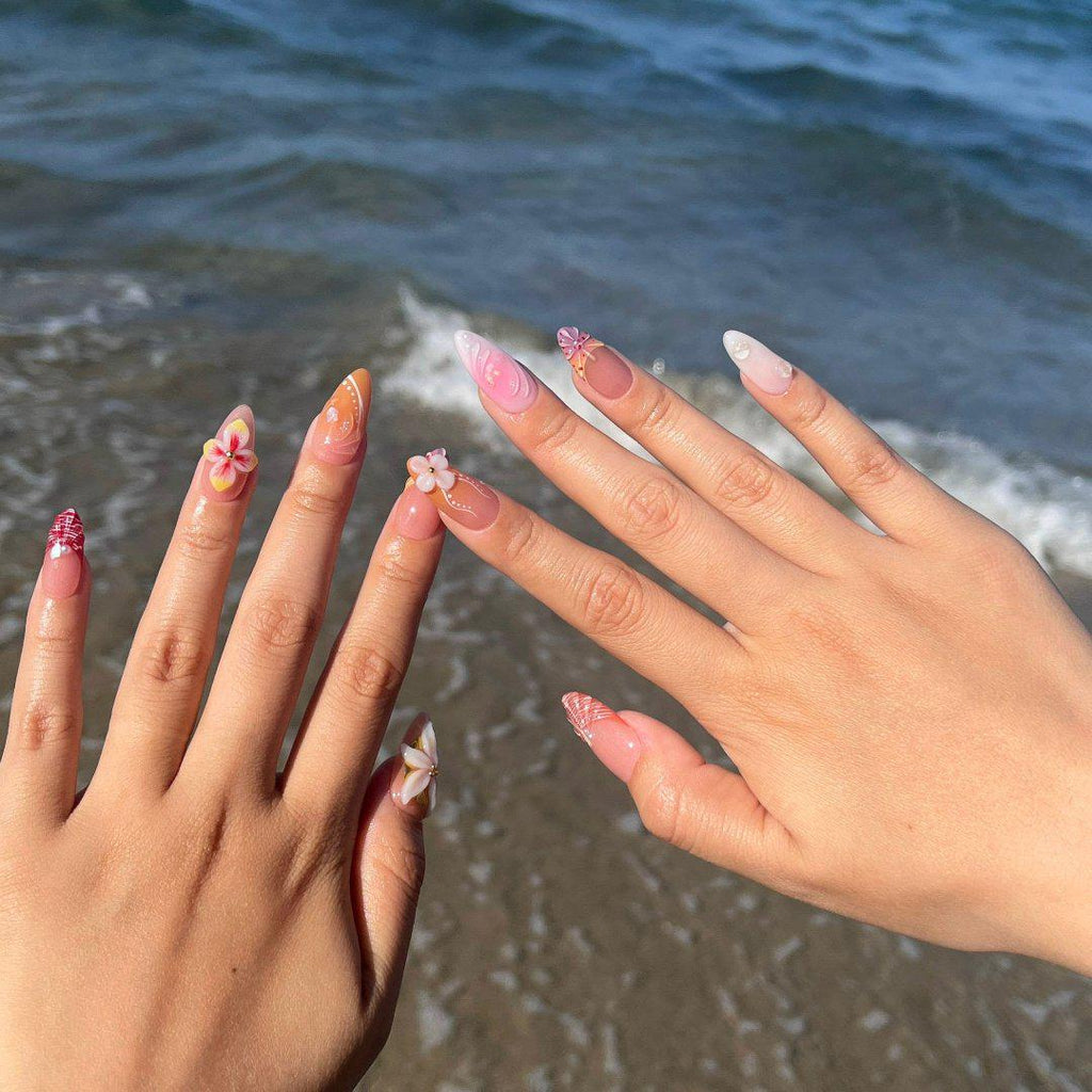 3D Flower Long Almond Press On Nails, Floral Handmade Gel False Nails for Birthday Event Party Holiday, Vacation or Gift For Her