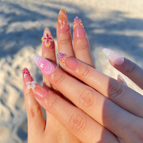 3D Flower Long Almond Press On Nails, Floral Handmade Gel False Nails for Birthday Event Party Holiday, Vacation or Gift For Her
