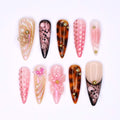 Elegant Floral Tortoise Almond Press On Nail, 3D Butterfly, Gold Accent, Handmade Nail, Perfect for Holiday, Vacation or Gift for Her