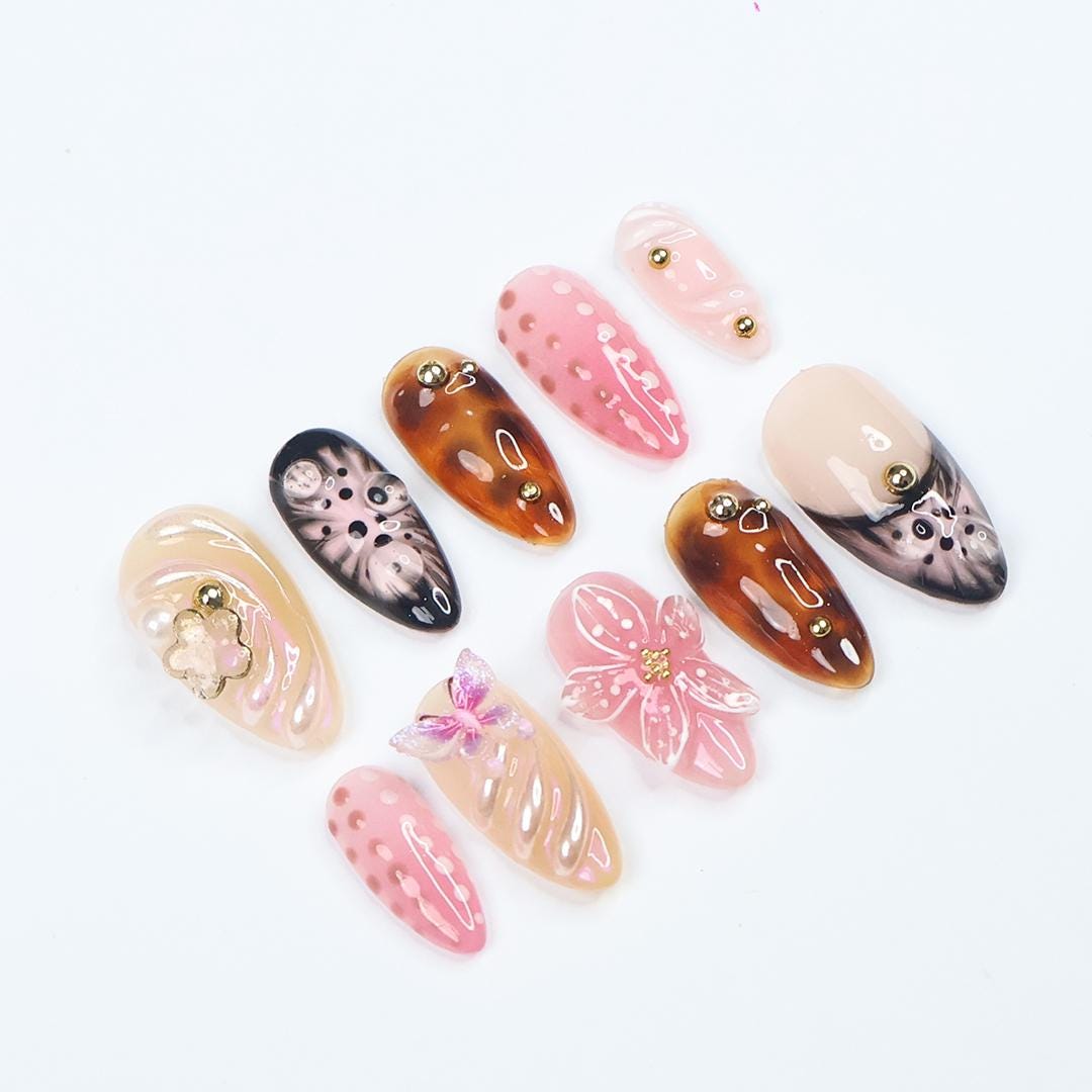 Elegant Floral Tortoise Almond Press On Nail, 3D Butterfly, Gold Accent, Handmade Nail, Perfect for Holiday, Vacation or Gift for Her