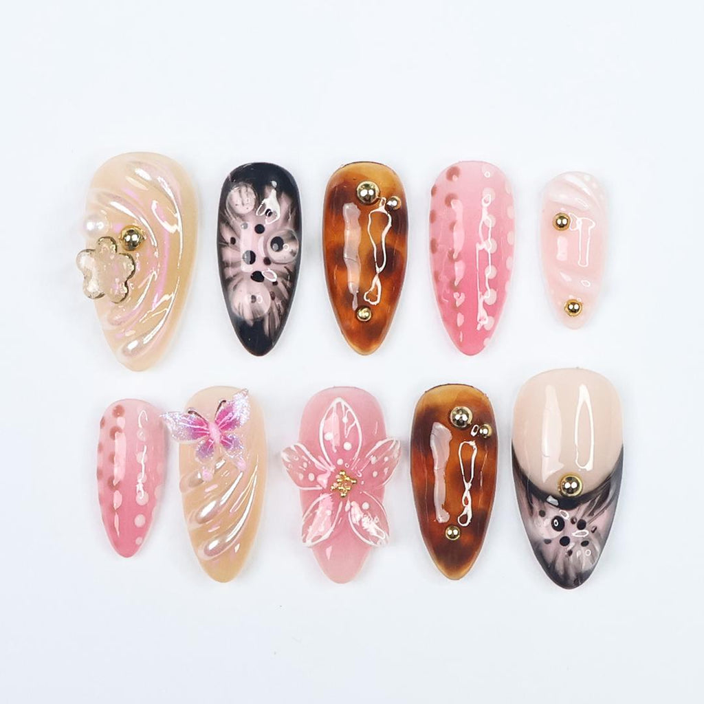Elegant Floral Tortoise Almond Press On Nail, 3D Butterfly, Gold Accent, Handmade Nail, Perfect for Holiday, Vacation or Gift for Her