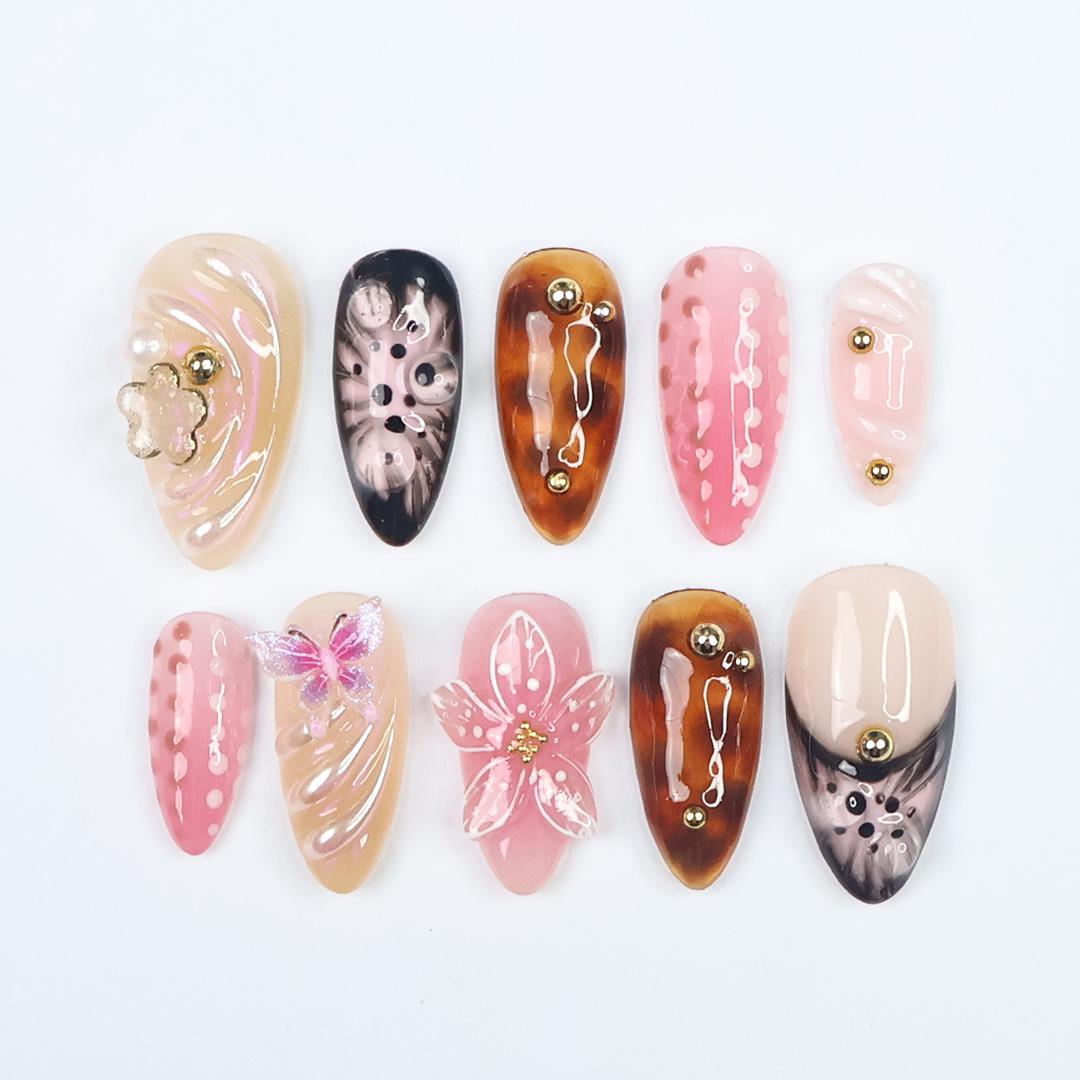 Elegant Floral Tortoise Almond Press On Nail, 3D Butterfly, Gold Accent, Handmade Nail, Perfect for Holiday, Vacation or Gift for Her
