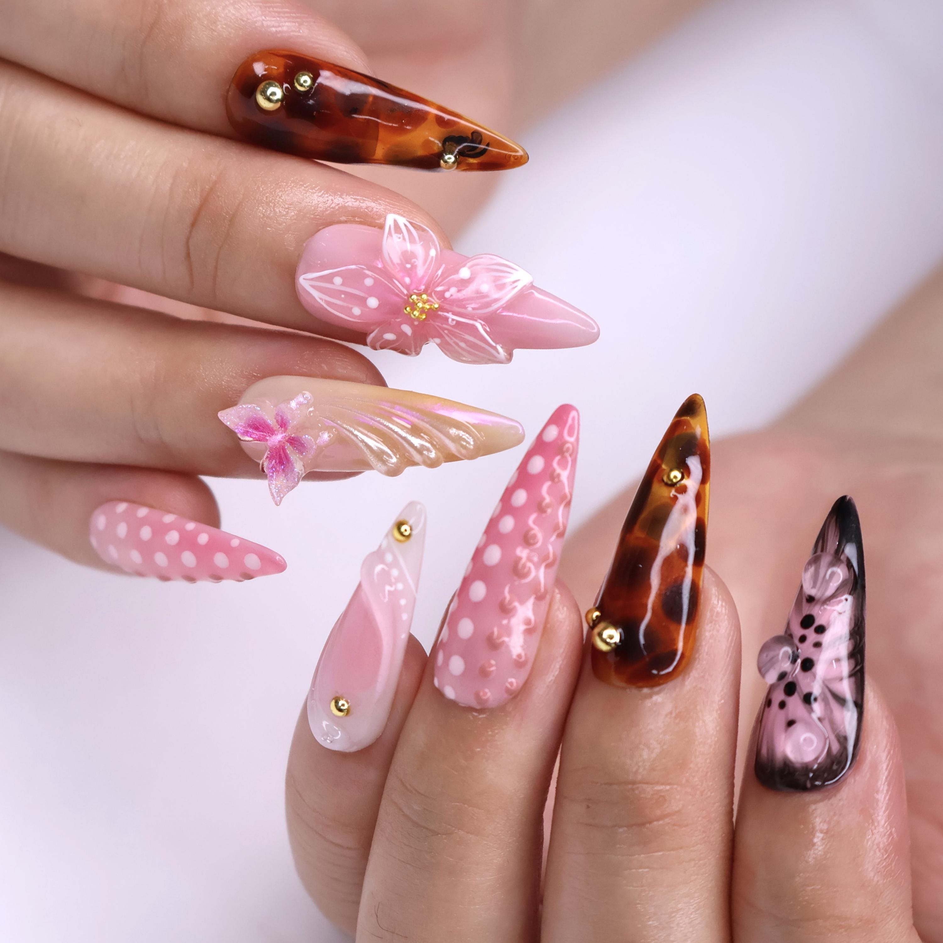 Elegant Floral Tortoise Almond Press On Nail, 3D Butterfly, Gold Accent, Handmade Nail, Perfect for Holiday, Vacation or Gift for Her