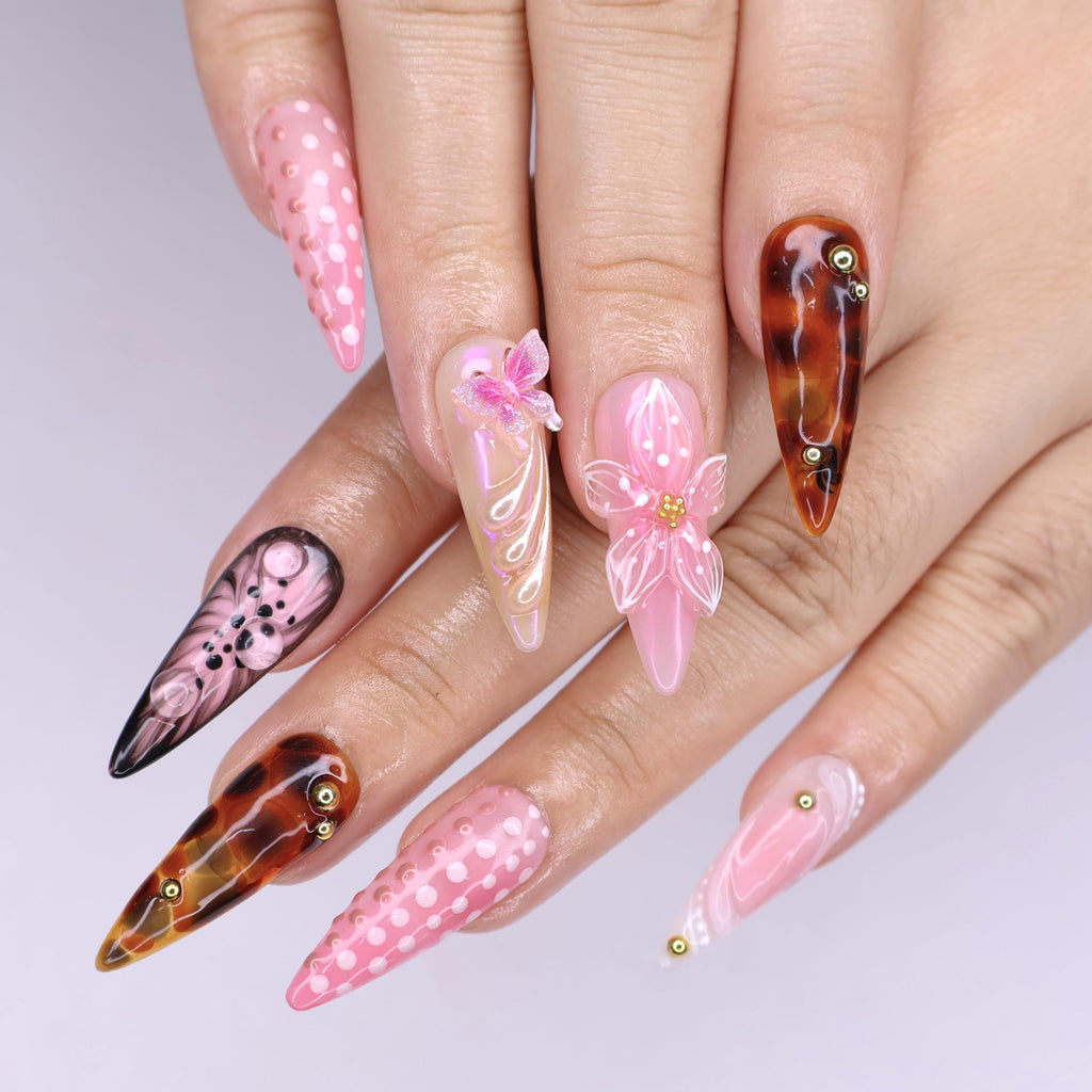 Elegant Floral Tortoise Almond Press On Nail, 3D Butterfly, Gold Accent, Handmade Nail, Perfect for Holiday, Vacation or Gift for Her