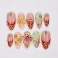 Handmade 3D Floral Press On Nail, Iridescent, Gold Accent, Jelly Effect, Custom Luxury Nail Art for Glamorous Look or Perfer Gift for Her