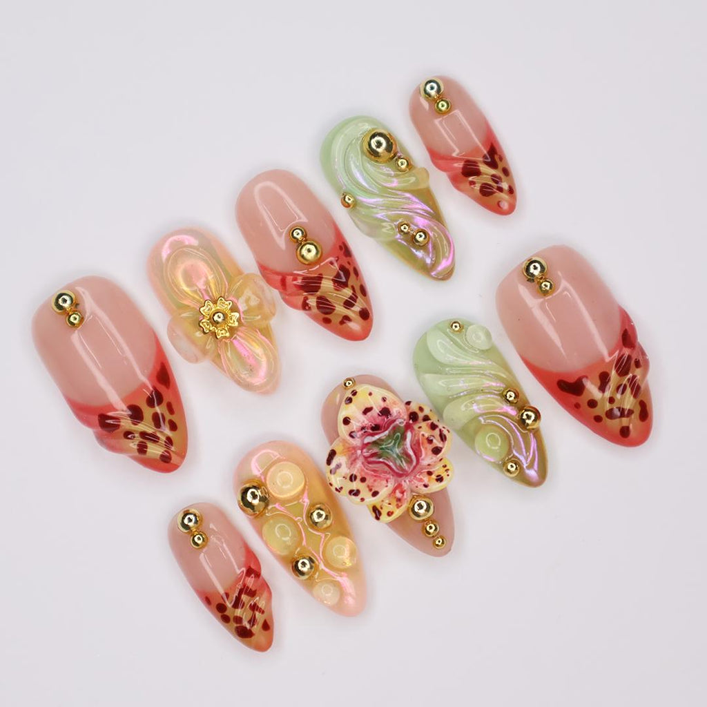Handmade 3D Floral Press On Nail, Iridescent, Gold Accent, Jelly Effect, Custom Luxury Nail Art for Glamorous Look or Perfer Gift for Her