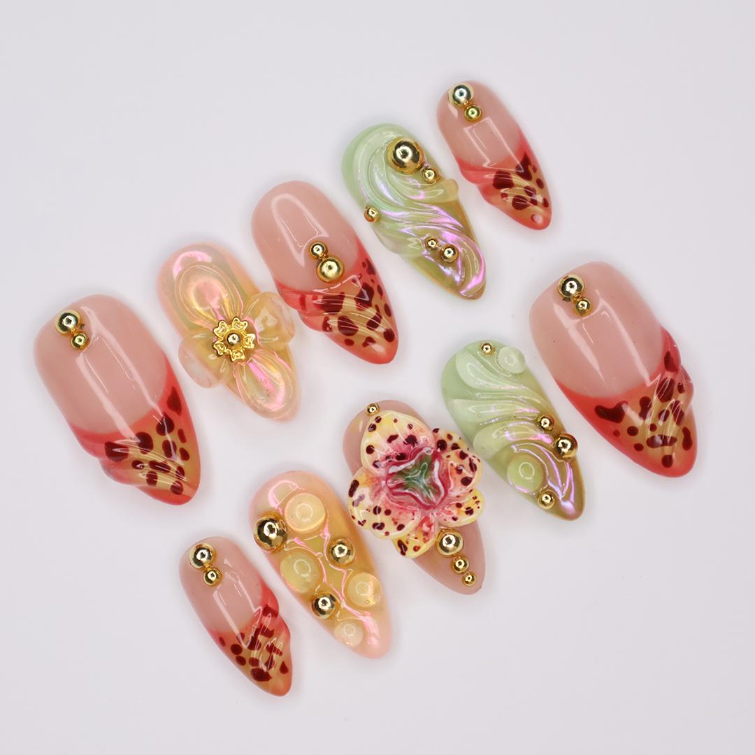 Handmade 3D Floral Press On Nail, Iridescent, Gold Accent, Jelly Effect, Custom Luxury Nail Art for Glamorous Look or Perfer Gift for Her