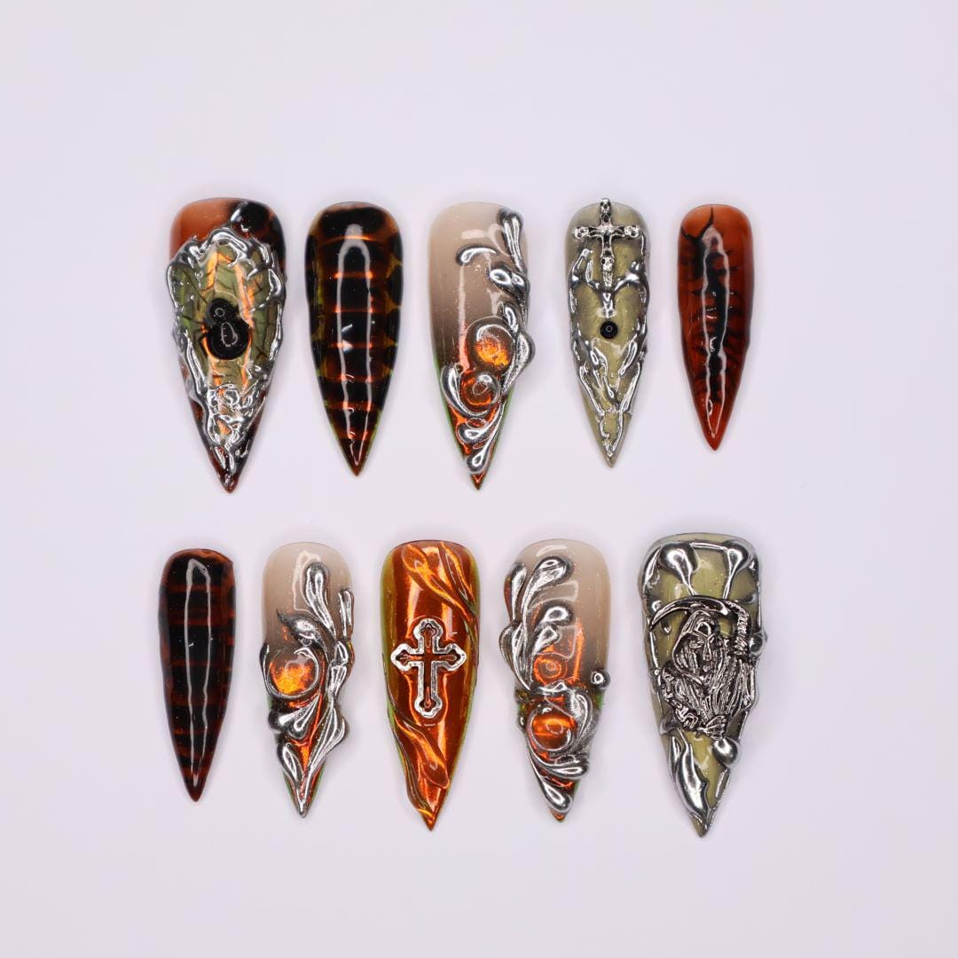 Gothic Chrome Stiletto Press-On Nails with 3D Silver Chains, Cross, Handmade Statement Nails for a Bold and Edgy Look, Halloween Night Party