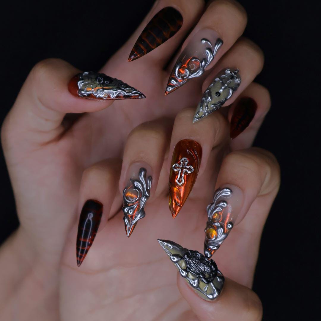 Gothic Chrome Stiletto Press-On Nails with 3D Silver Chains, Cross, Handmade Statement Nails for a Bold and Edgy Look, Halloween Night Party
