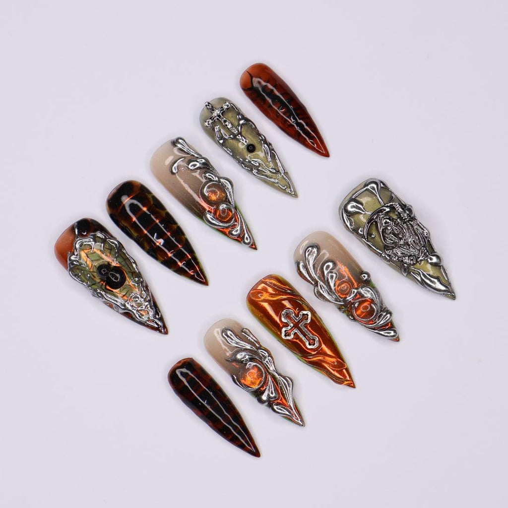 Gothic Chrome Stiletto Press-On Nails with 3D Silver Chains, Cross, Handmade Statement Nails for a Bold and Edgy Look, Halloween Night Party