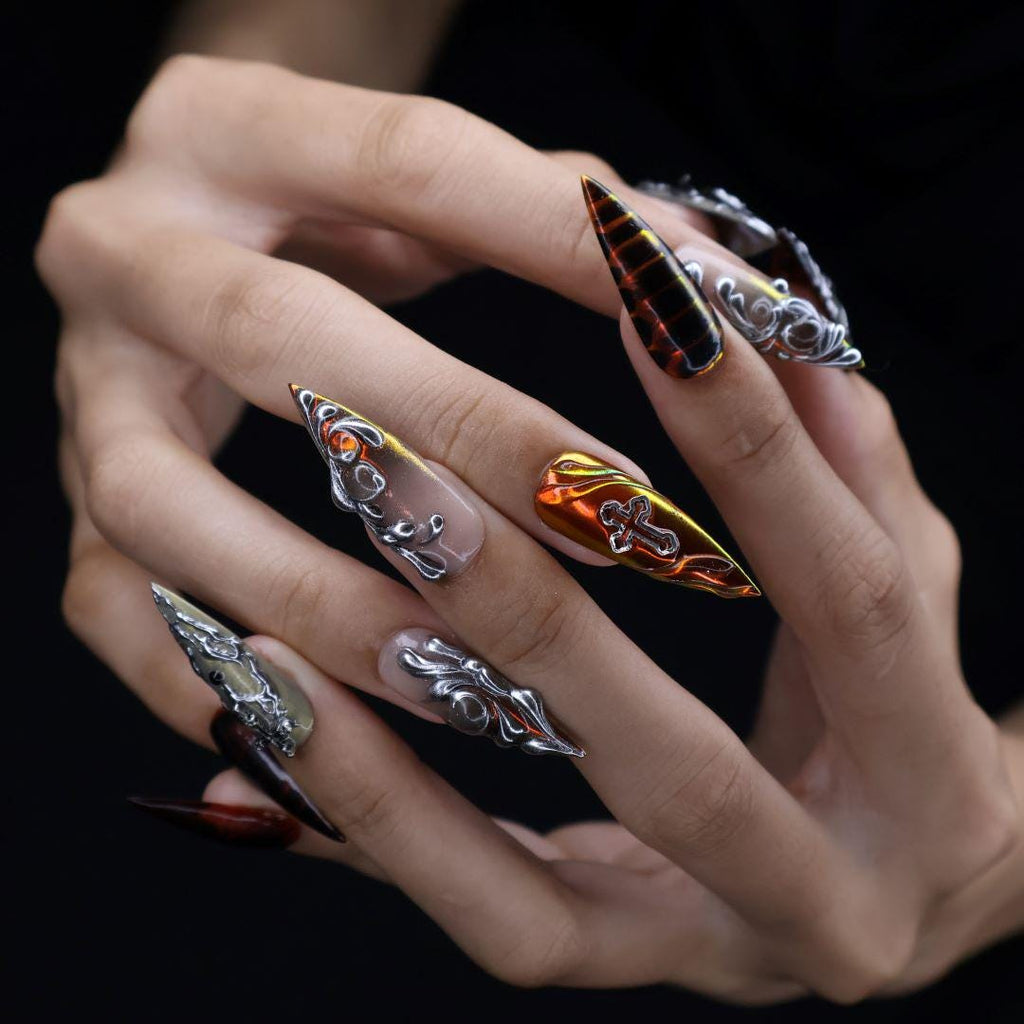 Gothic Chrome Stiletto Press-On Nails with 3D Silver Chains, Cross, Handmade Statement Nails for a Bold and Edgy Look, Halloween Night Party