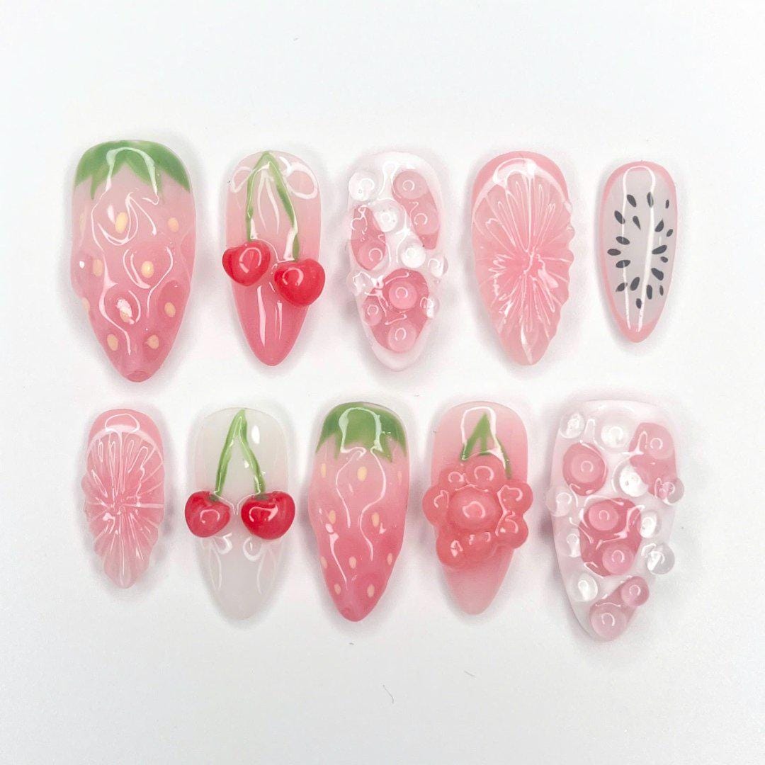 Strawberry Cherry Press-On Nails with 3D Bubbles and Floral Details, Handmade Kawaii Nail Set for a Cute & Fun Look or Gift for Her