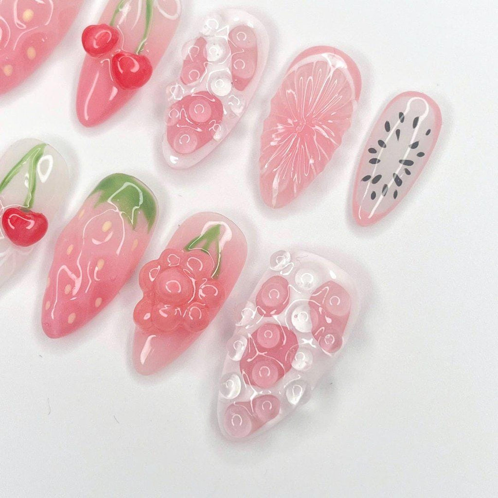 Strawberry Cherry Press-On Nails with 3D Bubbles and Floral Details, Handmade Kawaii Nail Set for a Cute & Fun Look or Gift for Her