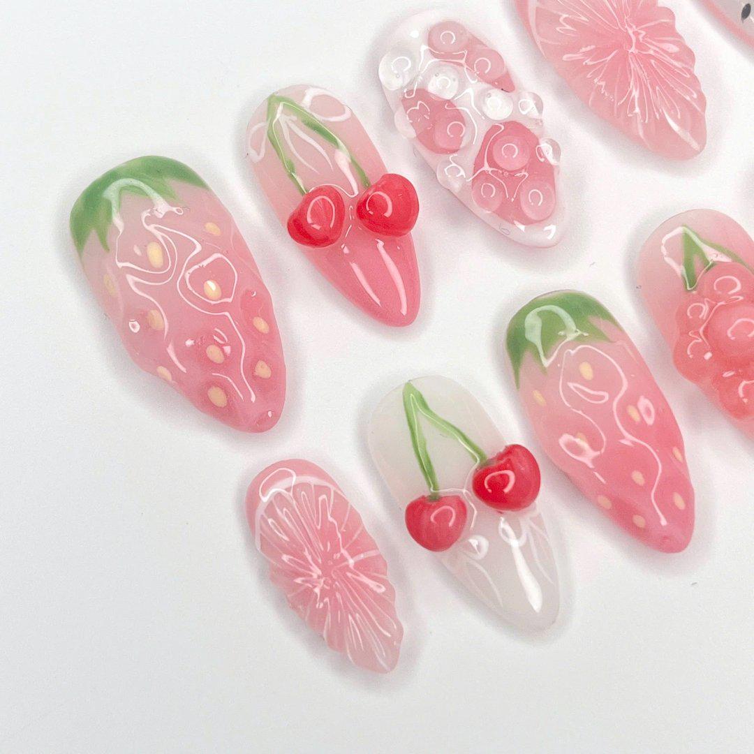 Strawberry Cherry Press-On Nails with 3D Bubbles and Floral Details, Handmade Kawaii Nail Set for a Cute & Fun Look or Gift for Her
