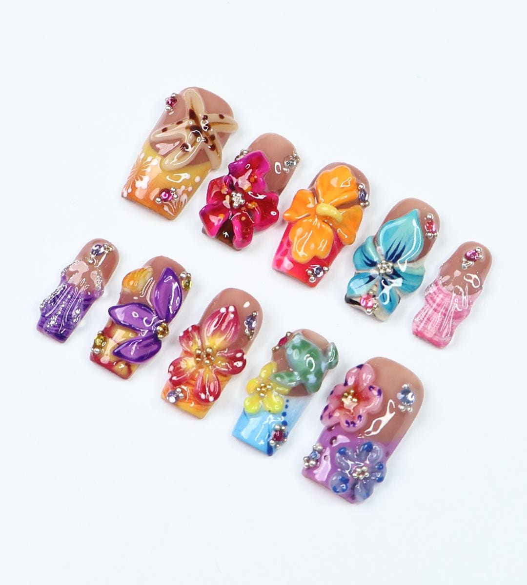 Botanical Beauty Spring - 3D Handcrafted Press-On Nails, Tropical Orchid & Hibiscus, Medium Square Nails, Fresh Spring Vibes, Gift for Her
