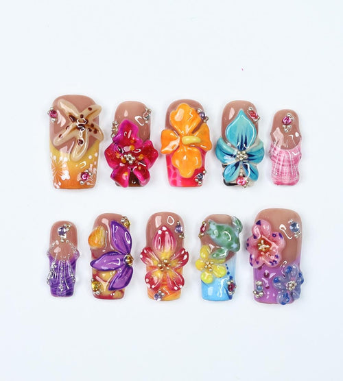 Botanical Beauty Spring - 3D Handcrafted Press-On Nails, Tropical Orchid & Hibiscus, Medium Square Nails, Fresh Spring Vibes, Gift for Her