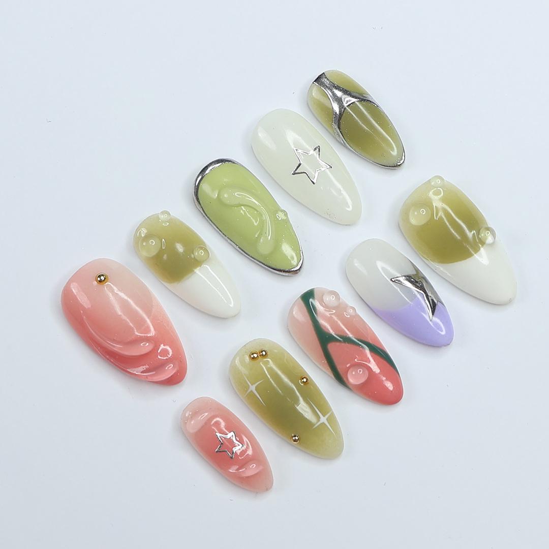 Green & Pink Almond Press-On Nails with 3D Bubbles, Metallic Stars, Gradient Design, Handmade Y2K Nail Set for a Trendy Look or Gift for Her